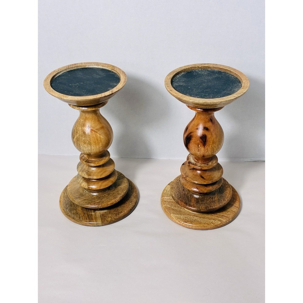Pottery Barn Wooden Spindle Candlesticks 10" Tall Solid Wood Farmhouse Lot Of 2